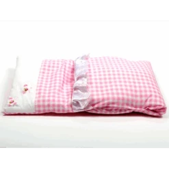 Houten Poppenwagen Pink 5 Houten Poppenwagen Pink -Trendy Speelgoedwinkel dekje roze geruit met 2 bloempjes 2